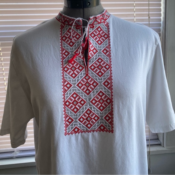 Ukrainian Embroidered Folk Tunic White Red Unisex 100% Cotton Size L - Picture 4 of 11